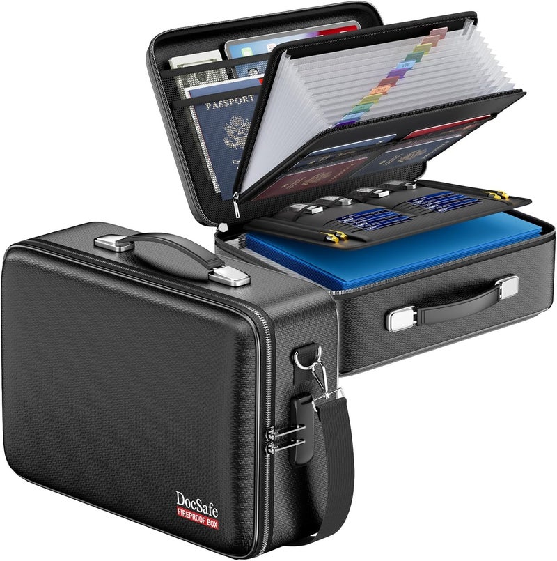 DocSafe Fireproof Document Box with Lock＆Shoulder Strap, Hard-Shell Case File Organizer with Accordion File Folder, Multi-Layer Portable Home Office Travel Safe Storage for Important Documents Laptop - Image 1